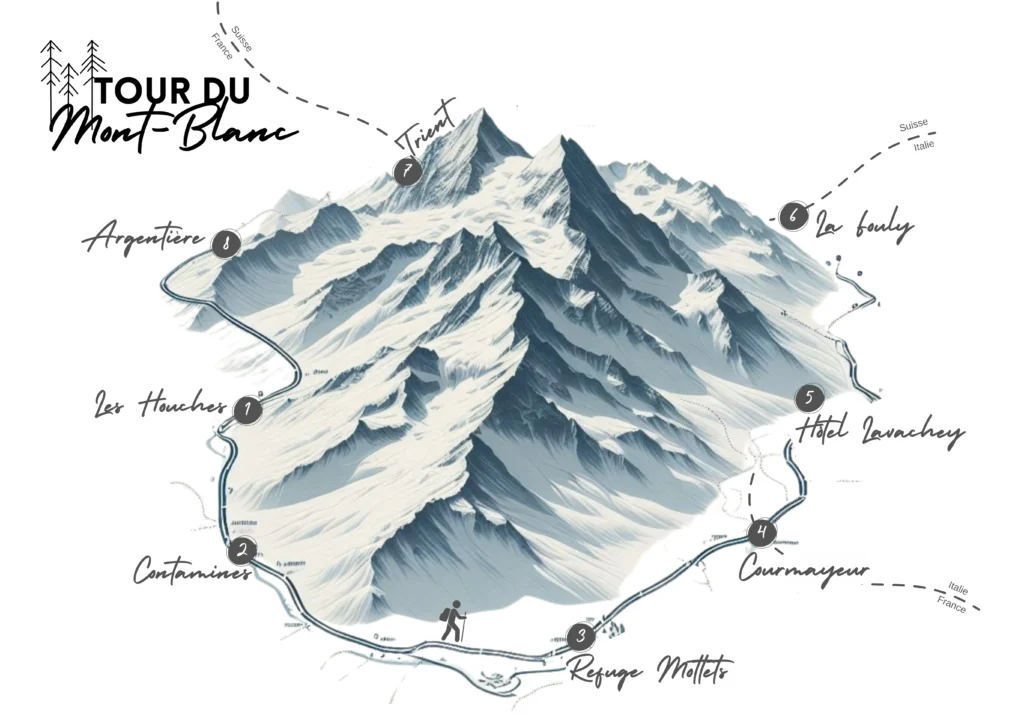 Schéma du tracé du Tour du Mont Blanc - Création CS
